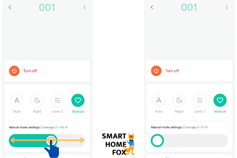 В приложении Xiaomi Home с помощью ползунка можно индивидуально настроить скорость вращения вентилятора.
